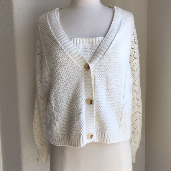 Calligraphie 2 Pc Set Crochet Knit Cardigan & Vest size Medium Beige Off White - Picture 1 of 16